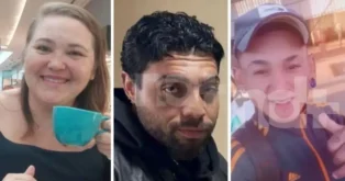 Três pessoas em retratos, uma segurando uma xícara, outra com tatuagem e a terceira sorrindo com um gesto de mão.