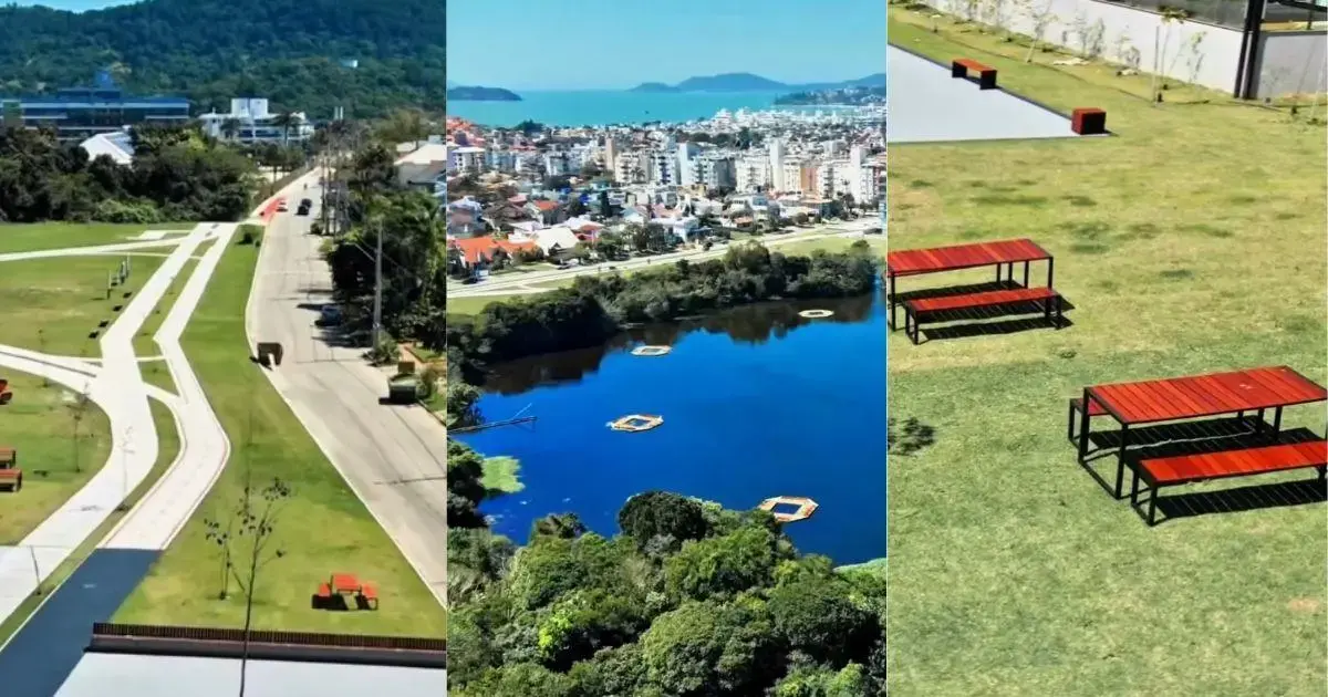 Vista panorâmica de um parque, com caminhos, bancos, lago e mesas em áreas verdes.