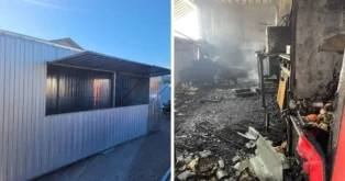 Imagem dividida em duas partes: à esquerda, a lanchonete intacta; à direita, interior danificado por incêndio com fumaça e restos queimados.