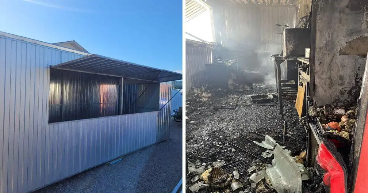 Imagem dividida em duas partes: à esquerda, a lanchonete intacta; à direita, interior danificado por incêndio com fumaça e restos queimados.