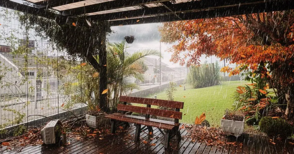 Chuva intensa através de uma varanda, com um banco de madeira e folhas secas no chão.