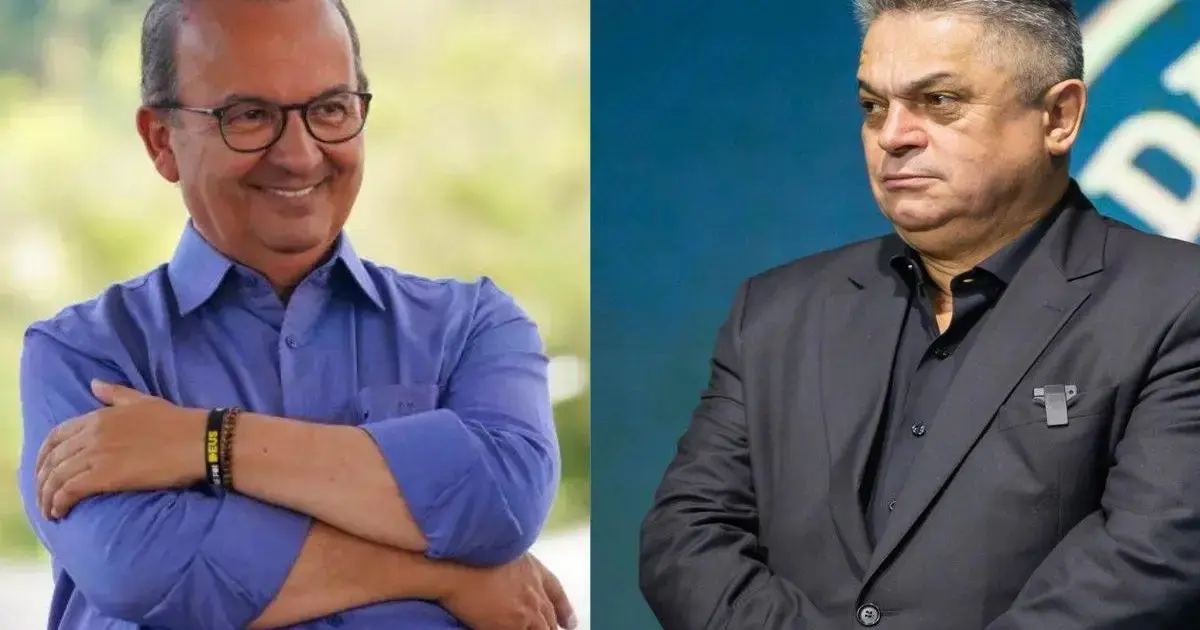 Dois homens em ambientes diferentes; à esquerda, um sorrindo com camisa azul, à direita, um sério em traje escuro.