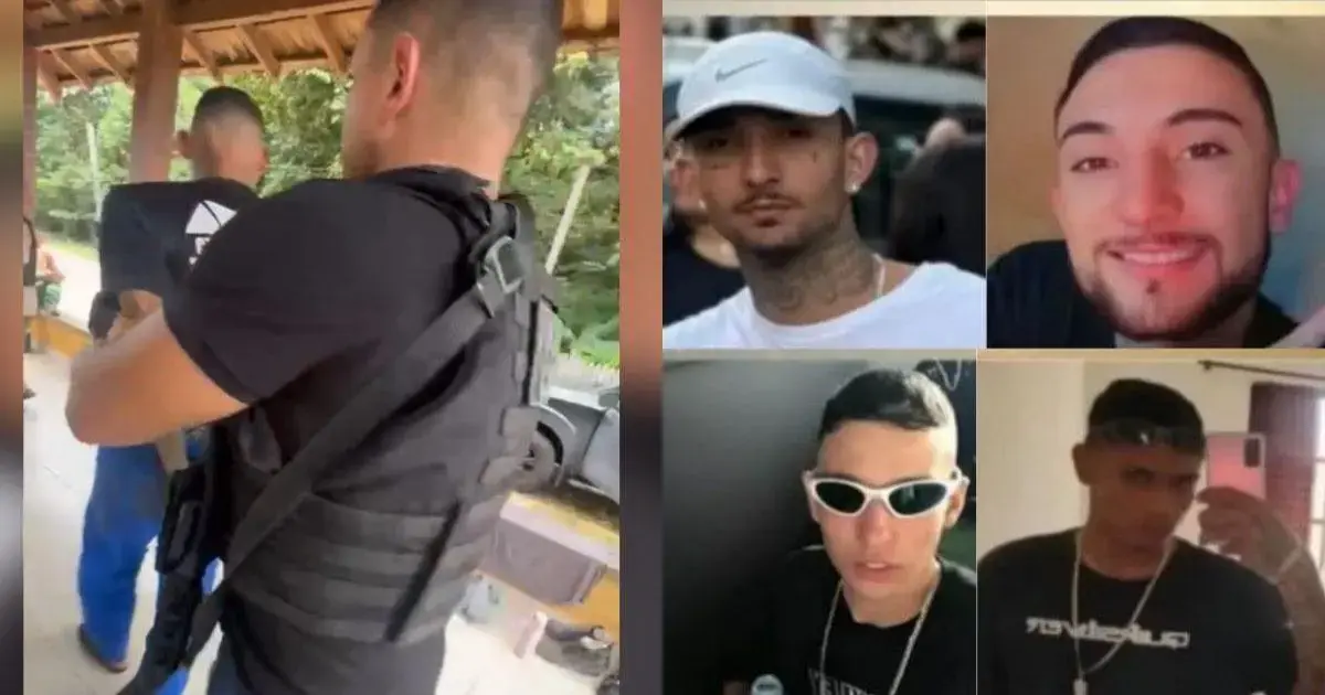 Homens com coletes táticos em destaque, acompanhados de fotos de quatro indivíduos em retratos.