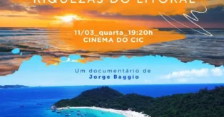 Fundo com a imagem de uma praia e pôr do sol; texto sobre lançamento do documentário "Riquezas do Litoral".