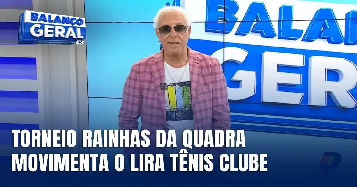 Apresentador em estúdio destaca o torneio Rainhas da Quadra, que movimenta o Lira Tênis Clube.