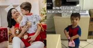 Uma mulher segura um menino enquanto ele abraça um bichinho de pelúcia. À direita, uma criança com um pacote rosa na mão em uma delegacia. Texto na imagem menciona assumir erro.