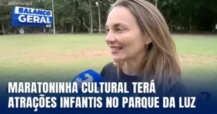 Maratoninha Cultural terá atrações infantis no Parque da Luz, com uma mulher sorrindo ao fundo.