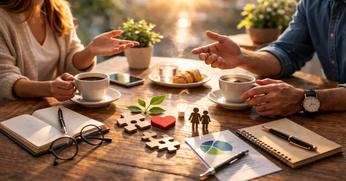 Duas pessoas discutindo sobre café em uma mesa, rodeadas por notas, canetas, objetos simbólicos e petiscos.