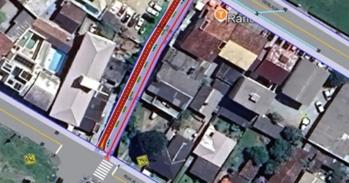 Mapa aéreo de uma área urbana com ruas, casas e marcações de tráfego em São José.