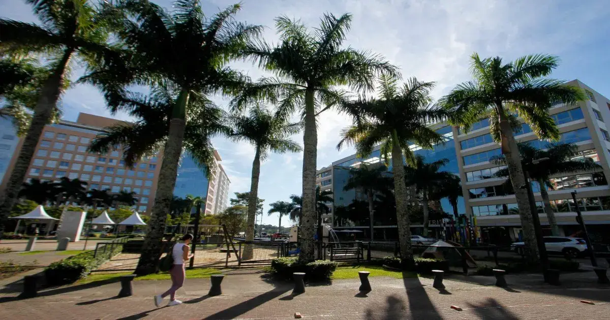 Pessoa caminhando em calçada sob palmeiras, com edifícios modernos e escultura em fundo.
