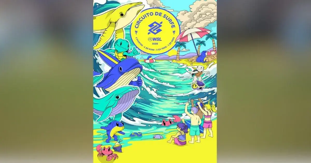 Pôster ilustrativo do Circuito de Surfe com elementos marinhos, surfistas e atividades na praia.
