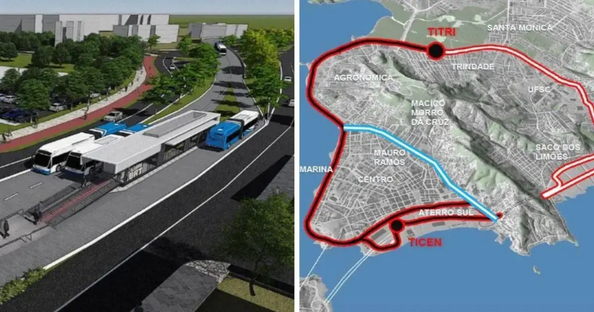 Projeção de sistema BRT com estação e itinerários no mapa, destacando os terminais Titri e Ticen.