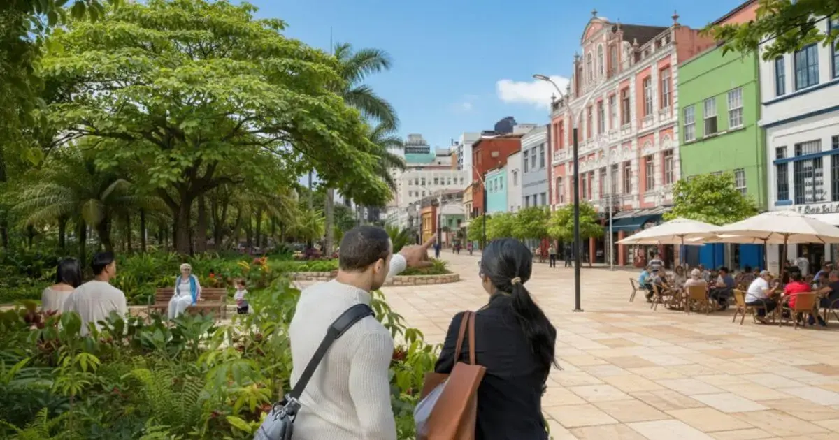 Dupla de pessoas observando o ambiente urbano, com prédios coloridos e vegetação ao redor. mesas com consumidores estão à vista.