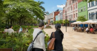 Casal observa um espaço público arborizado com bancos, pessoas sentadas e edifícios coloridos ao fundo.