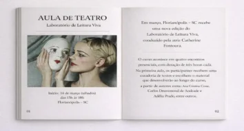 Aula de Teatro e informações sobre um curso de leitura, com imagem de uma atriz segurando uma máscara.
