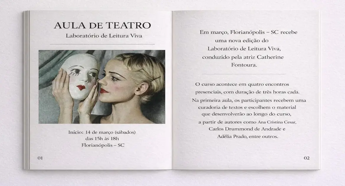 Aula de Teatro e informações sobre um curso de leitura, com imagem de uma atriz segurando uma máscara.