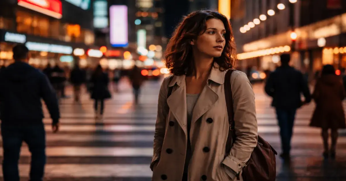 Pessoa com cabelo cacheado e casaco claro em uma rua movimentada à noite, cercada por pedestres e luzes.