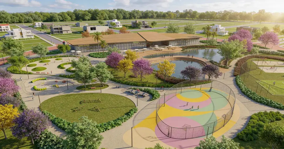 Parque urbano com áreas verdes, lago, espaços para caminhadas, gramados e quadras de esportes.