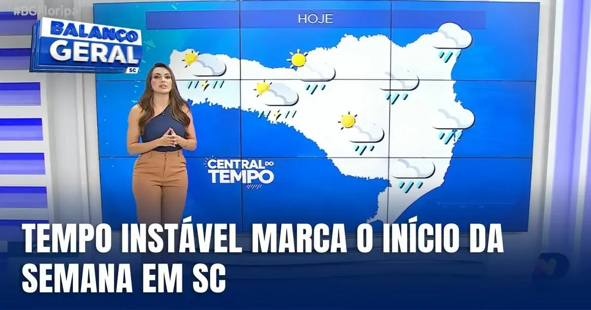 Tempo instável apresentado em mapa meteorológico com previsão de chuvas para Santa Catarina. Texto no rodapé: 