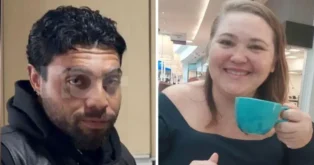 Dois retratos lado a lado: um homem com cabelo curto e tatuagem facial e uma mulher sorridente segurando uma xícara azul.