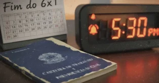 Calendário marcando "Fim do 6x1", relógio digital indicando 5:30 PM e carteira de trabalho.