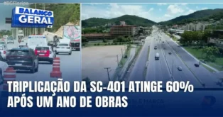 Prévia da SC-401 com tráfego de veículos e obras em andamento, destacando as melhorias na rodovia.