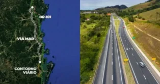 Mapa das rotas Via Mar e BR-101, com destaque para os contornos viários e a estrada pavimentada.